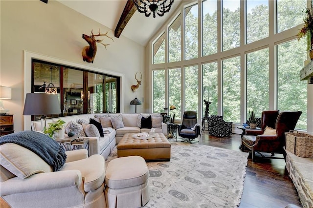 living room with a high ceiling, dark hardwood / wood-style flooring, and beamed ceiling