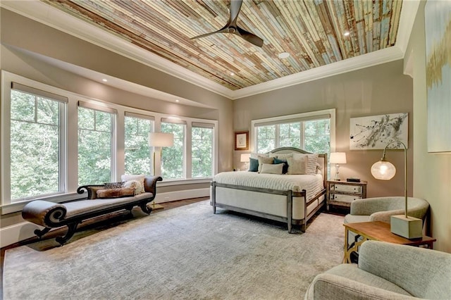 bedroom with wooden ceiling and ornamental molding