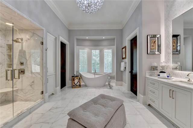 bathroom featuring vanity, crown molding, a notable chandelier, and plus walk in shower