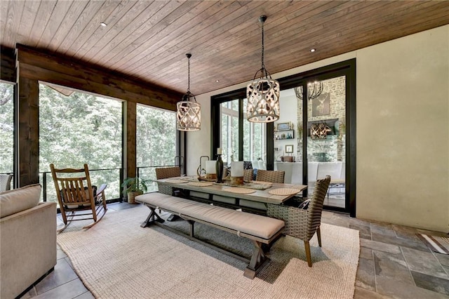 dining room with wooden ceiling and a notable chandelier