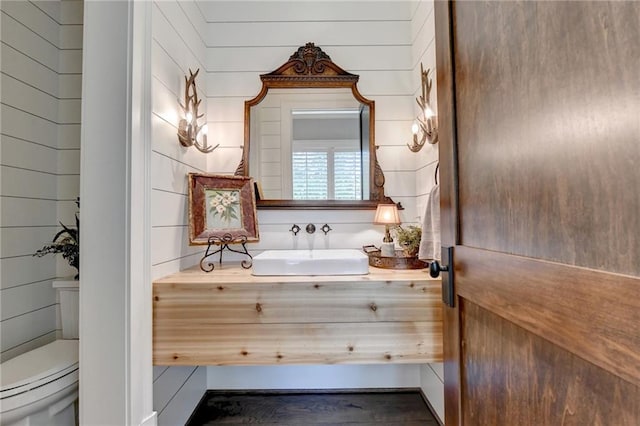 bathroom with vanity, toilet, and wooden walls