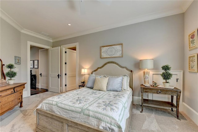 carpeted bedroom with ornamental molding