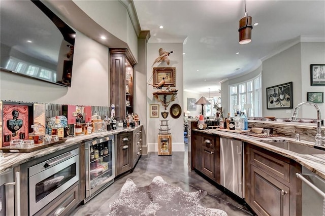 kitchen with crown molding, stainless steel dishwasher, wine cooler, sink, and dark brown cabinetry