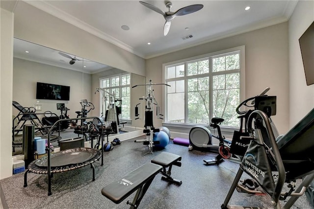 exercise room featuring ceiling fan, a wealth of natural light, and crown molding