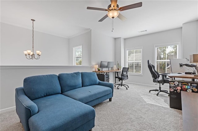 office space with light carpet, crown molding, and ceiling fan with notable chandelier