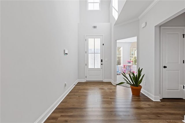 entryway featuring dark hardwood / wood-style flooring, a towering ceiling, and crown molding