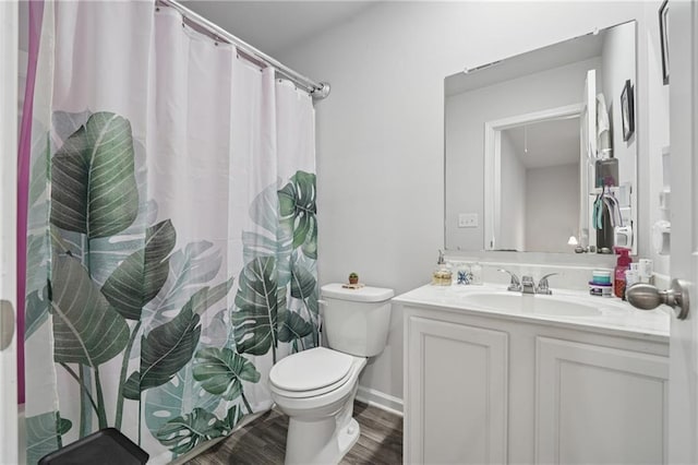 4989 Fawnwood Dr, Gainesville, GA 30504 - full bath with toilet, vanity, wood finished floors, and a shower with shower curtain