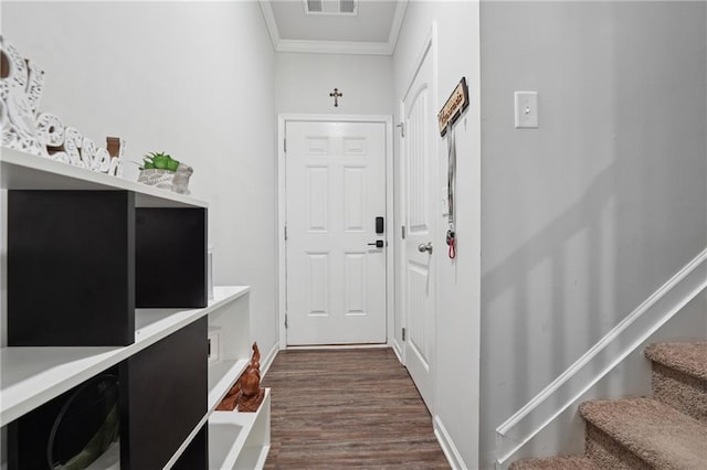 4989 Fawnwood Dr, Gainesville, GA 30504 - doorway featuring crown molding, dark wood finished floors, and stairway