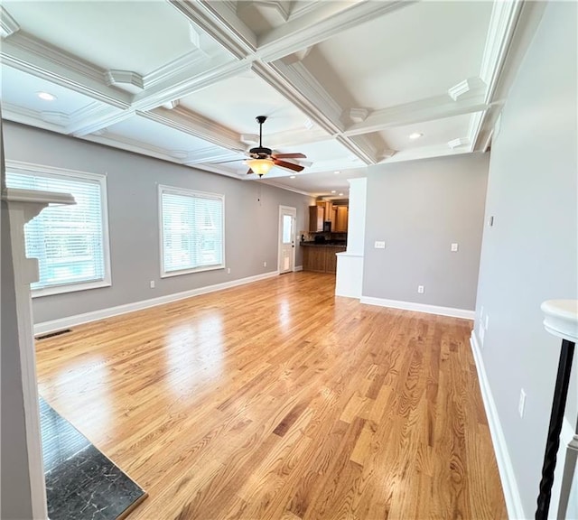 8967 Midlothian Ct, Winston, GA 30187 - unfurnished living room with light wood-style floors, ceiling fan, baseboards, coffered ceiling, and beam ceiling