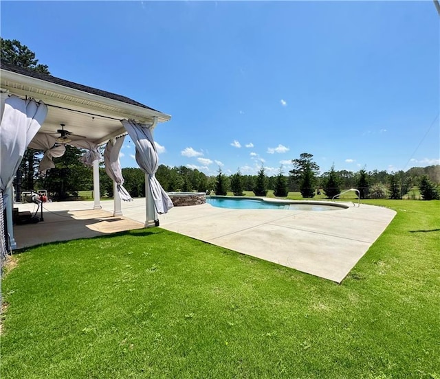 8967 Midlothian Ct, Winston, GA 30187 - outdoor pool featuring a patio, a lawn, and a ceiling fan