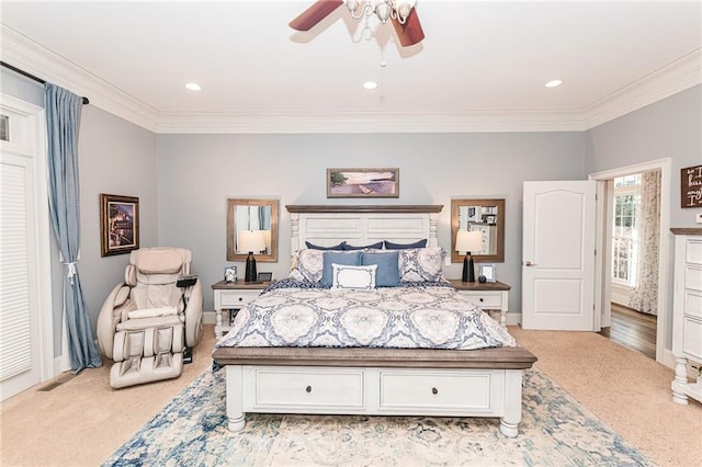 bedroom with light carpet, baseboards, and ornamental molding