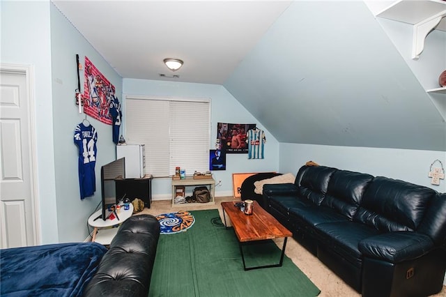 carpeted living room with visible vents, baseboards, and lofted ceiling