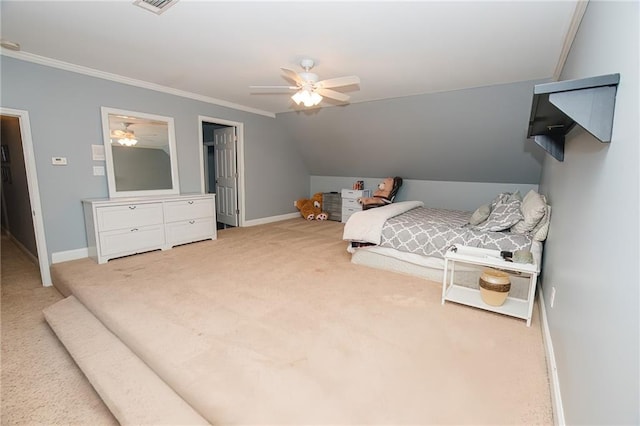 bedroom with baseboards, light colored carpet, lofted ceiling, and crown molding