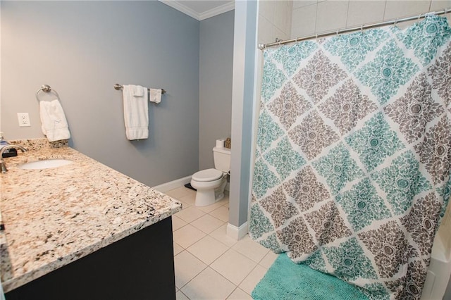 bathroom featuring tile patterned floors, toilet, a shower with shower curtain, crown molding, and vanity