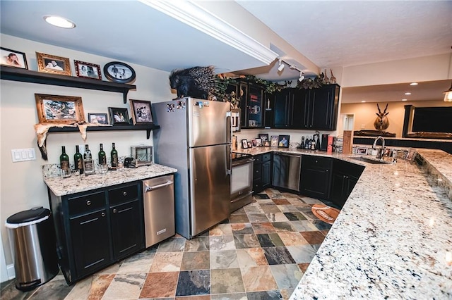 kitchen with a sink, light stone countertops, appliances with stainless steel finishes, and dark cabinets