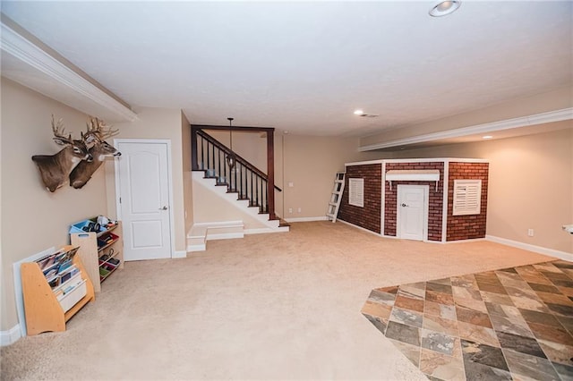 foyer featuring stairway, carpet flooring, recessed lighting, and baseboards