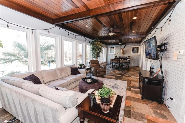 living room featuring recessed lighting, wood ceiling, brick wall, and ceiling fan