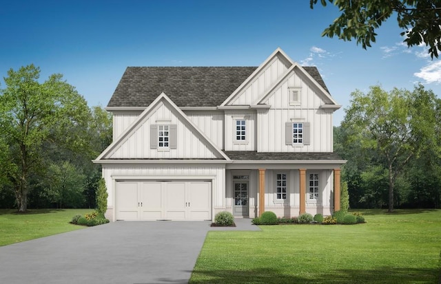 5579 Spring St, Flowery Branch, GA 30542 - modern farmhouse with board and batten siding, concrete driveway, a front yard, and a shingled roof