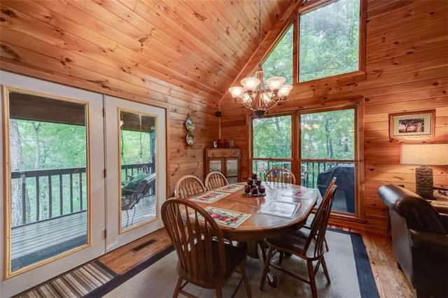 652 Fox Run Dr, Blue Ridge, GA 30513 - dining area with lofted ceiling, a chandelier, healthy amount of natural light, wood finished floors, and wooden walls