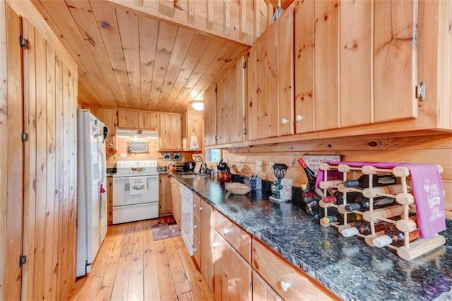 kitchen featuring wood ceiling, dark stone counters, wooden walls, light wood-type flooring, and white appliances