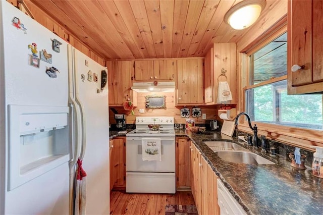 kitchen with dark stone countertops, white appliances, light hardwood / wood-style floors, sink, and wooden ceiling