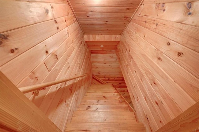 652 Fox Run Dr, Blue Ridge, GA 30513 - staircase featuring wood walls and wooden ceiling