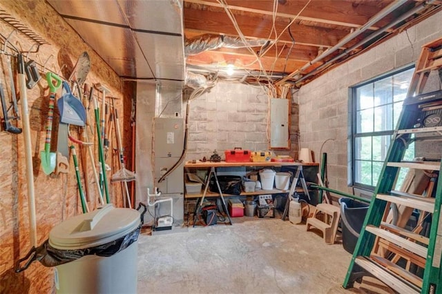 652 Fox Run Dr, Blue Ridge, GA 30513 - basement with electric panel, concrete block wall, and a workshop area