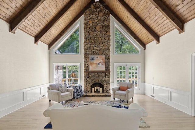 1585 Lazy River Ln, Sandy Springs, GA 30350 - living room featuring light wood-type flooring, a wealth of natural light, and wood ceiling