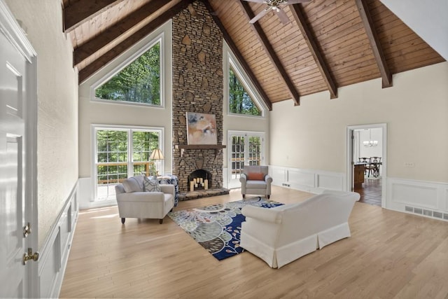 1585 Lazy River Ln, Sandy Springs, GA 30350 - living area featuring wood ceiling, beamed ceiling, a fireplace, high vaulted ceiling, and wainscoting