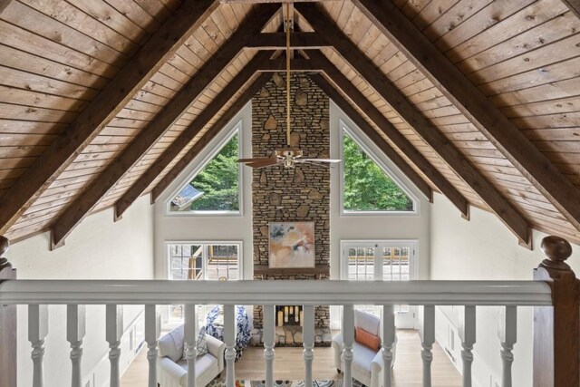 1585 Lazy River Ln, Sandy Springs, GA 30350 - details featuring wooden ceiling, beamed ceiling, a ceiling fan, and wood finished floors