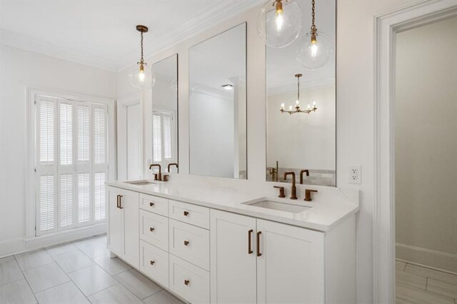 1585 Lazy River Ln, Sandy Springs, GA 30350 - full bath with ornamental molding, a notable chandelier, double vanity, and a sink