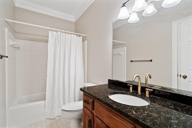 1585 Lazy River Ln, Sandy Springs, GA 30350 - full bathroom featuring crown molding, shower / bath combo with shower curtain, toilet, vanity, and tile patterned flooring