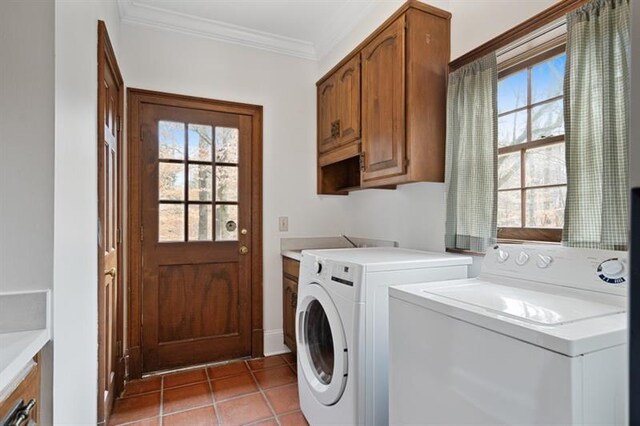 1585 Lazy River Ln, Sandy Springs, GA 30350 - washroom featuring ornamental molding, independent washer and dryer, a healthy amount of sunlight, and cabinet space