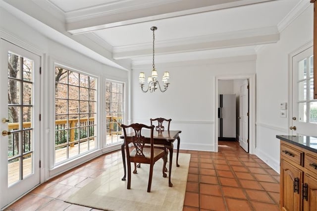 1585 Lazy River Ln, Sandy Springs, GA 30350 - dining space with light tile patterned floors, an inviting chandelier, beamed ceiling, and crown molding