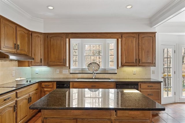 1585 Lazy River Ln, Sandy Springs, GA 30350 - kitchen featuring black appliances, brown cabinetry, dark stone countertops, and under cabinet range hood