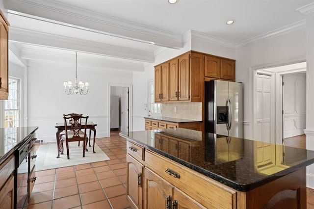 1585 Lazy River Ln, Sandy Springs, GA 30350 - kitchen featuring recessed lighting, decorative backsplash, a notable chandelier, tile patterned floors, and stainless steel refrigerator with ice dispenser
