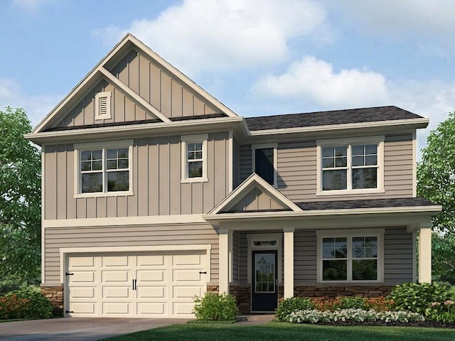 craftsman-style house with driveway, stone siding, board and batten siding, and a garage