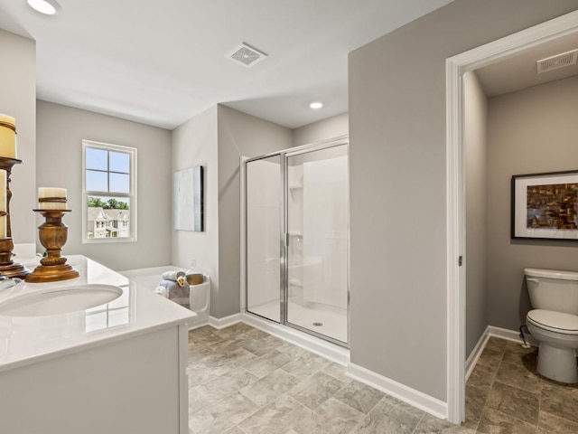 bathroom featuring baseboards, toilet, visible vents, and a stall shower