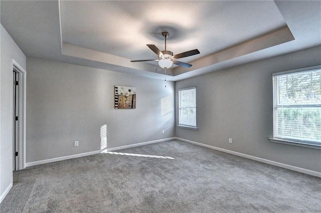 spare room with ceiling fan, carpet, and a raised ceiling