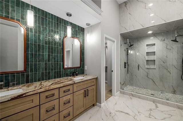 600 Oakmont Hl, Duluth, GA 30097 - full bath featuring a marble finish shower, double vanity, marble tiled floors, and tile walls