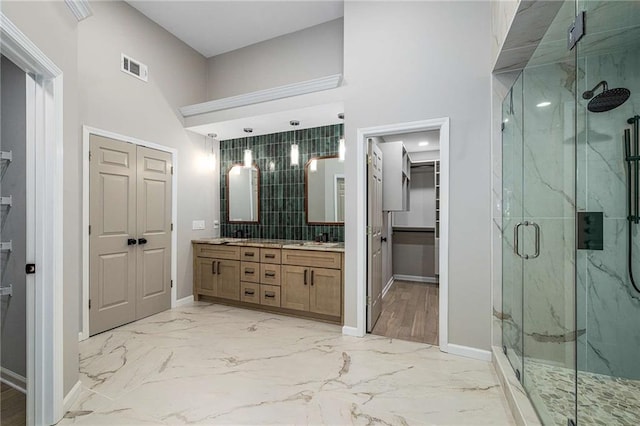 600 Oakmont Hl, Duluth, GA 30097 - full bath featuring marble finish floors, double vanity, a marble finish shower, and a high ceiling