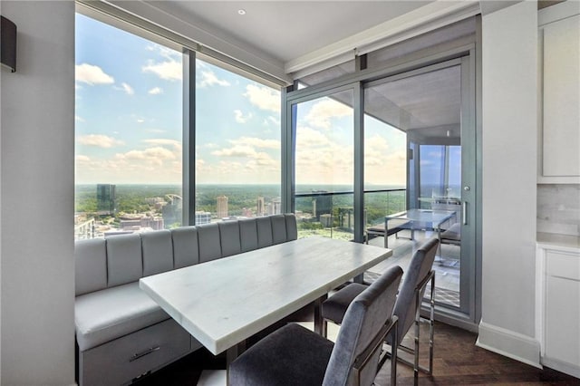 dining space with a wealth of natural light and dark hardwood / wood-style flooring