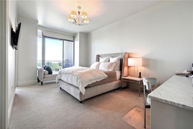bedroom with a chandelier, light colored carpet, and ornamental molding