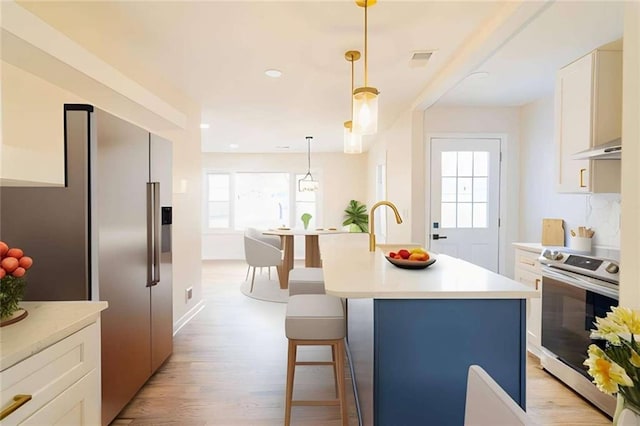 kitchen featuring an island with sink, stainless steel appliances, light wood-type flooring, and a wealth of natural light