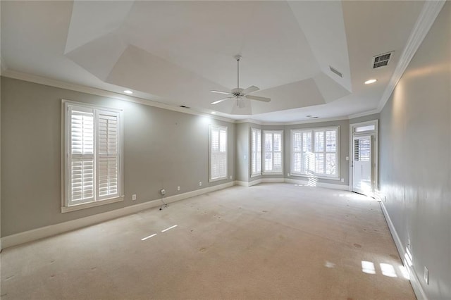 spare room featuring crown molding, a wealth of natural light, and a tray ceiling