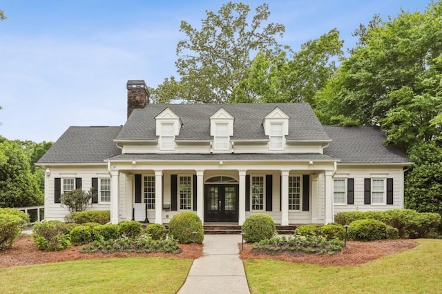 new england style home with a front lawn and french doors