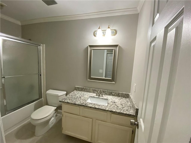 full bathroom featuring toilet, bath / shower combo with glass door, vanity, and crown molding