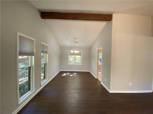 unfurnished dining area featuring beamed ceiling, dark hardwood / wood-style floors, a chandelier, and high vaulted ceiling