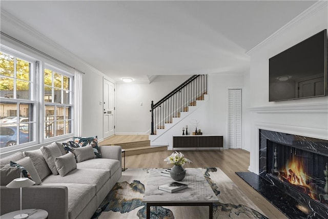 living room featuring crown molding, a premium fireplace, and hardwood / wood-style floors