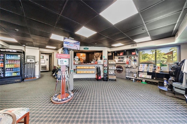 workout area featuring a paneled ceiling and carpet